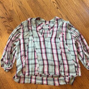 Free People We The Free Solstice Pink Gray Plaid Gauze Pullover Oversized Blouse